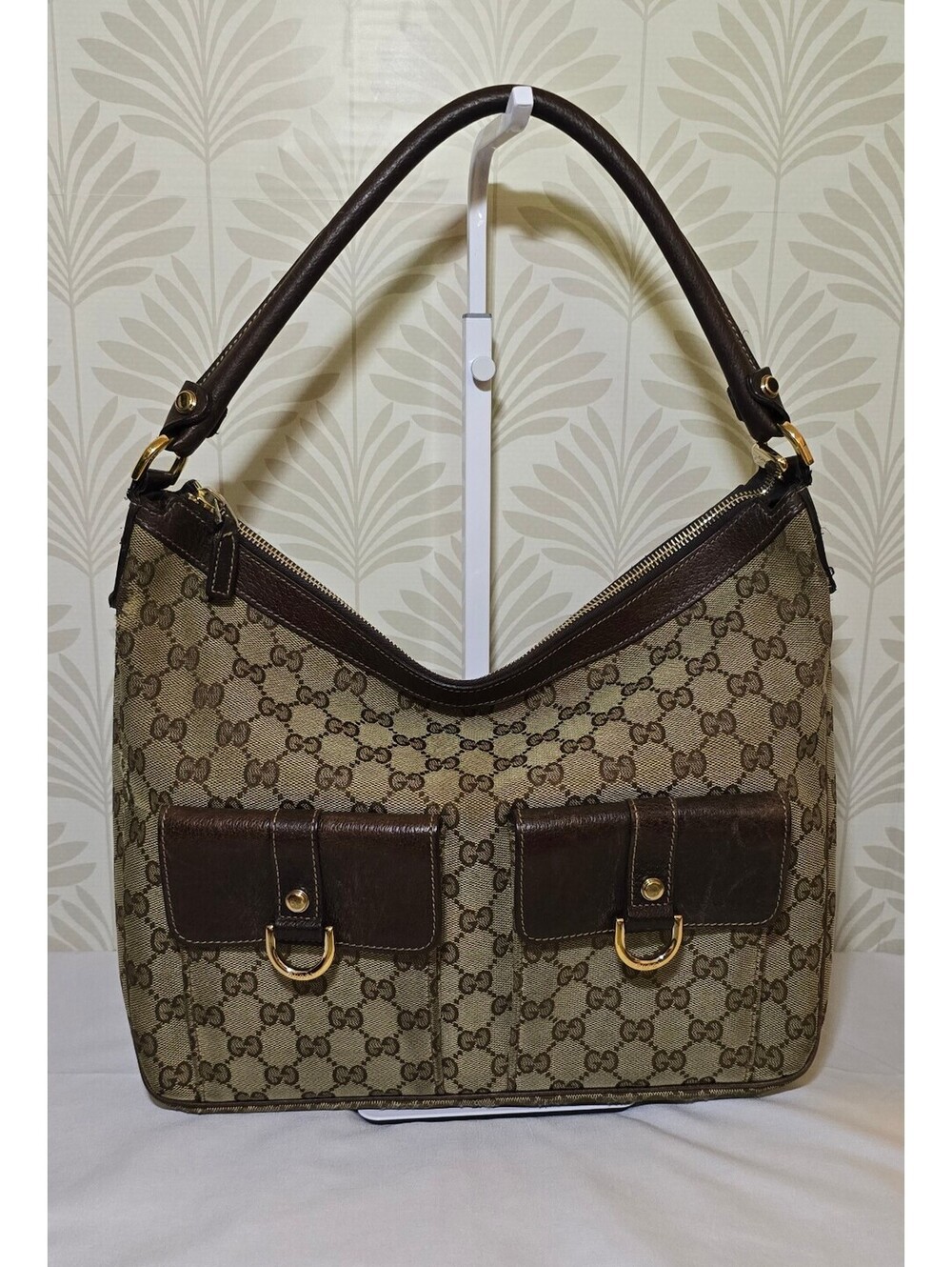 Gucci GG Monogram Canvas Double Pocket Hobo Bag Brown Leather Italy